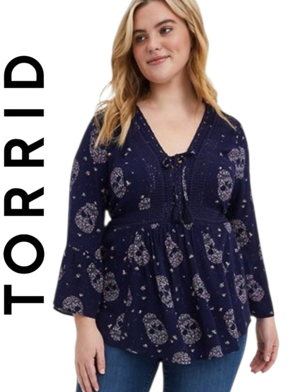 Torrid Babydoll Gauze Crochet Trim Lace Up Bell Sleeve Top Skull Floral Pattern